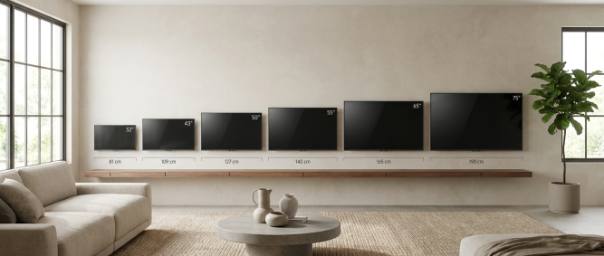 Overzicht van tv afmetingen in centimeter per inchmaat in een woonkamer