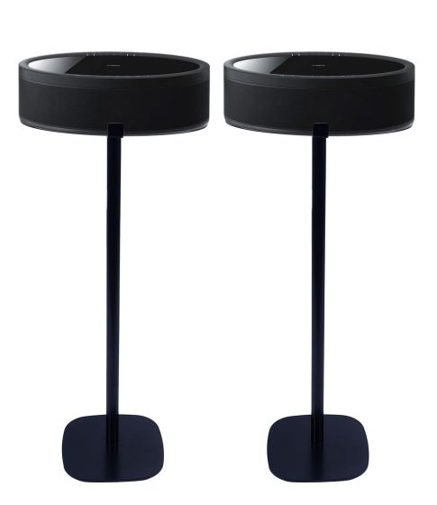 Set van twee zwarte speakerstandaards met Yamaha MusicCast 50 set