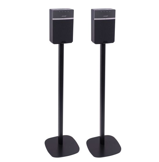 Set van twee zwarte speakerstandaards met Bose SoundTouch 10