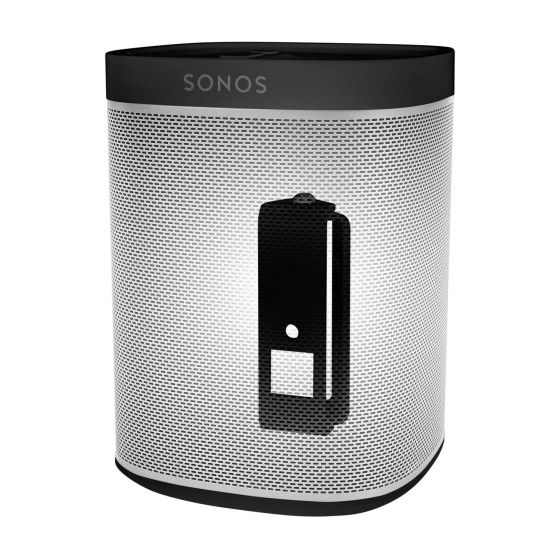 Zwarte muurbeugel voor Sonos Play:1 op witte speaker