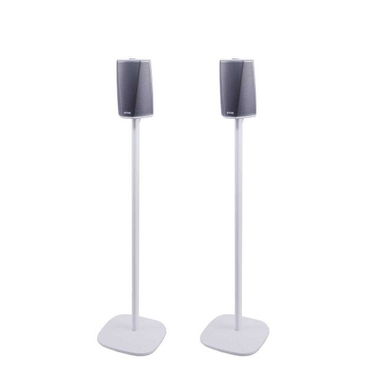 Set van twee witte speakerstandaards met Denon HEOS 1