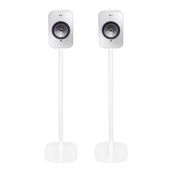 Set van twee witte speakerstandaards met KEF LSX