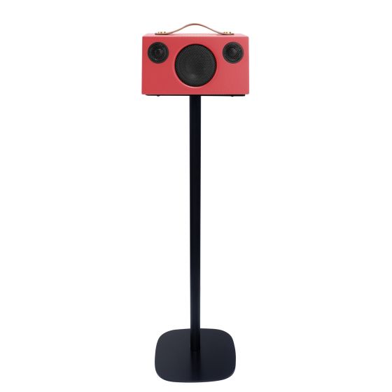 Zwarte speakerstandaard met Audio Pro T3/C3