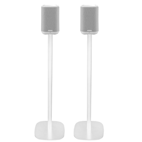 Set van twee witte speakerstandaards met Denon Home 150