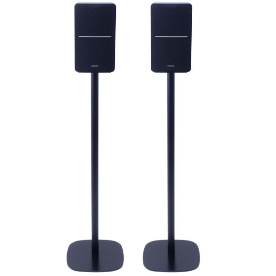 Set van twee zwarte speakerstandaards met Edifier r1280