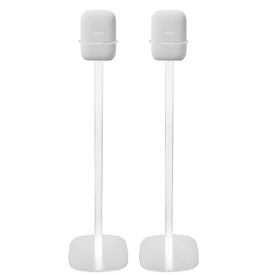 Set van twee witte speakerstandaards met Google Nest Audio