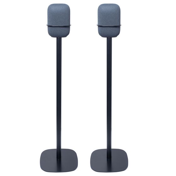 Set van twee zwarte speakerstandaards met Google Nest Audio