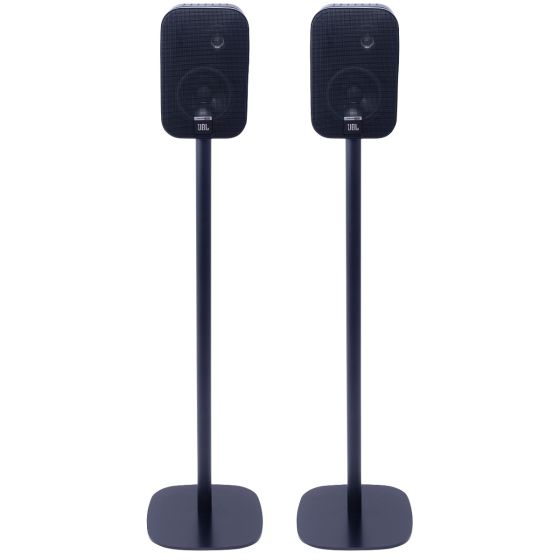 Set van twee zwarte speakerstandaards met JBL Control One