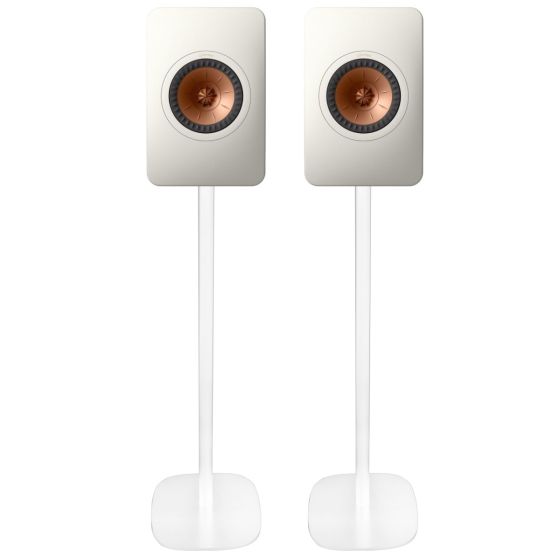 Set van twee witte speakerstandaards met KEF LS50