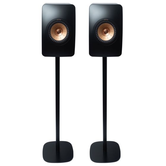 Set van twee zwarte speakerstandaards met KEF LS50