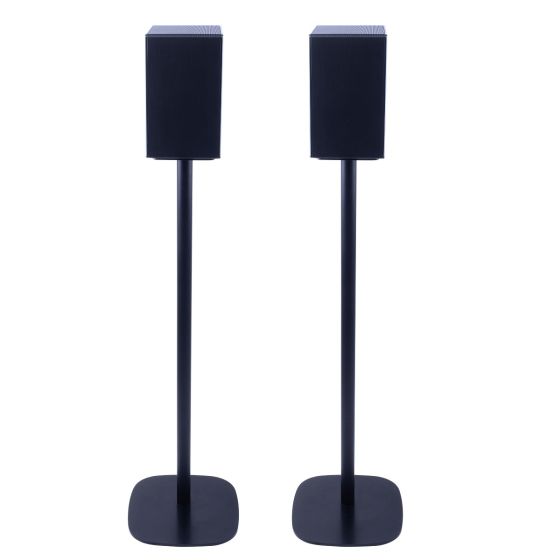 Zwarte speakerstandaard met horizontale speaker in zijaanzicht