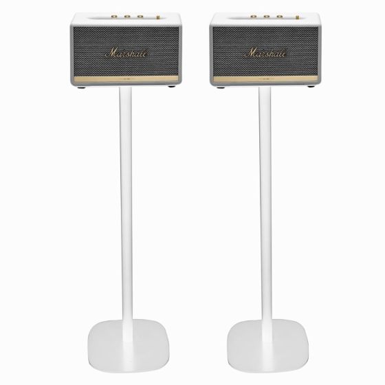 Set van twee witte speakerstandaards met Marshall Acton
