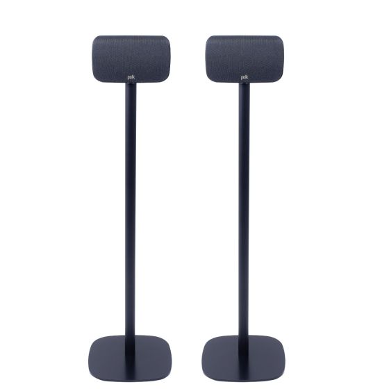 Set van twee zwarte speakerstandaards met Polk SR1 Wireless Surrounds