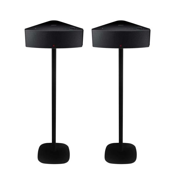 Set van twee zwarte speakerstandaards met Samsung M5 WAM550
