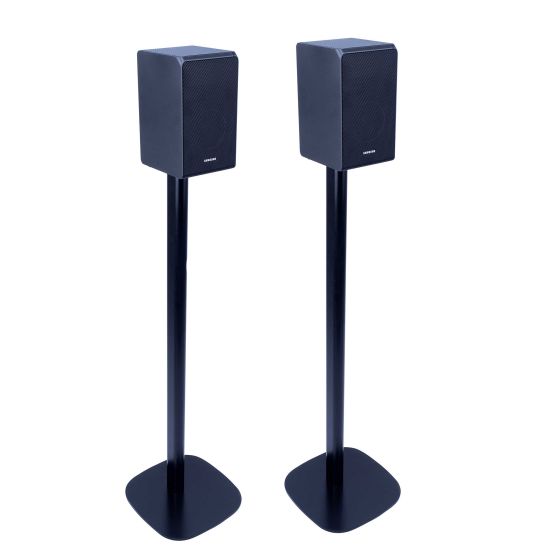 Set van twee zwarte speakerstandaards met Samsung HW-K950