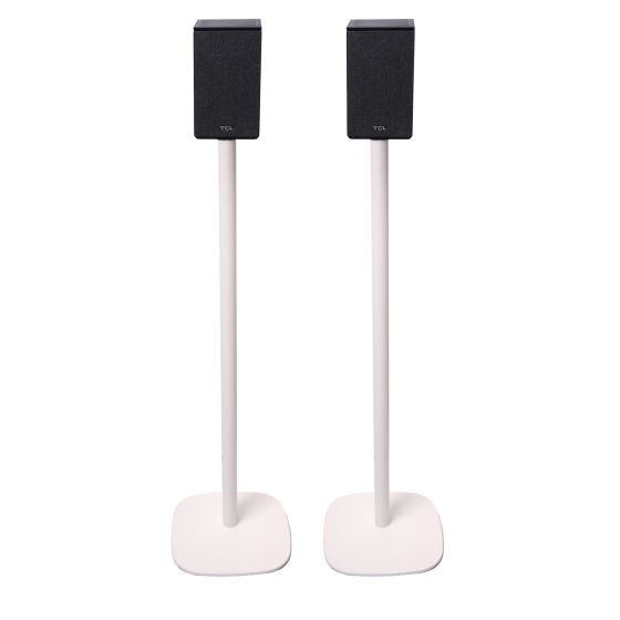 Set van twee witte speakerstandaards met TCL Q85H