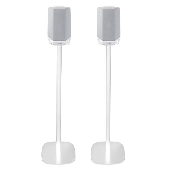 Set van twee witte speakerstandaards met Teufel Holist S