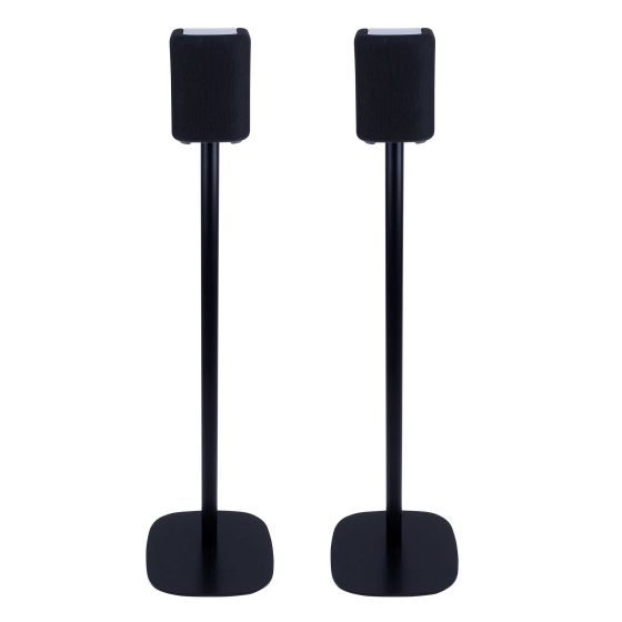 Set van twee zwarte speakerstandaards met Yamaha WX-010 MusicCast