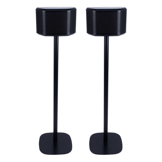 Set van twee zwarte speakerstandaards met Yamaha WX-030 MusicCast