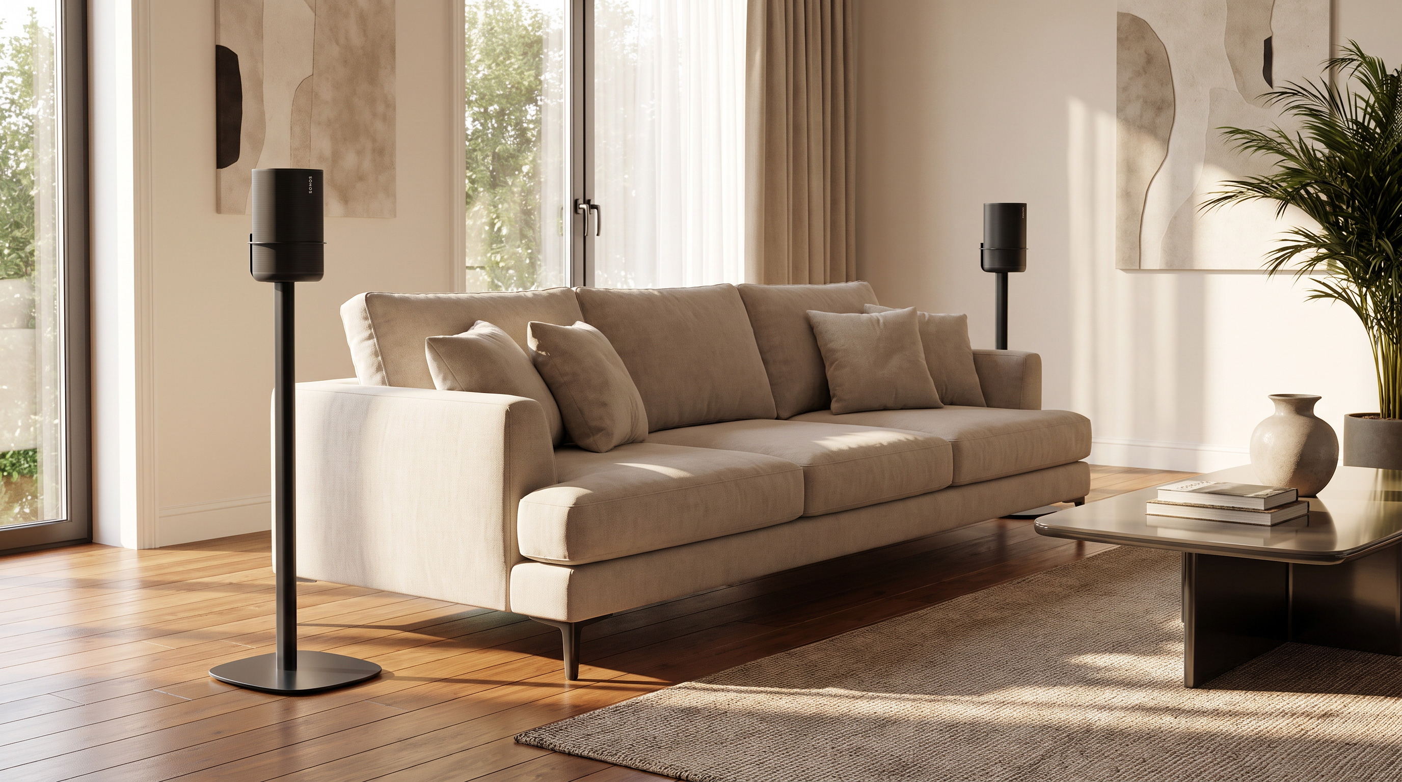 Twee Sonos Play-speakers op vloerstandaarden achter een bank, met vrij zicht op de soundbar