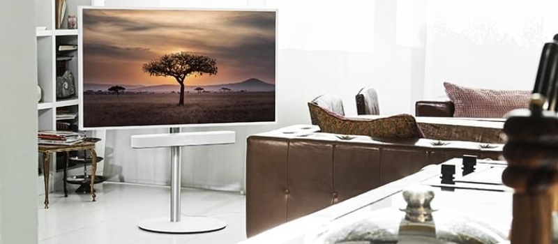 modern ingerichte woonkamer met een lederen zitbank. Naast de bank bevindt zich een televisie op een zilverkleurige standaard